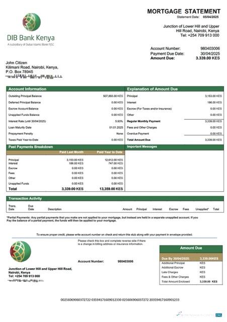 Download Kenya DIB Bank Kenya mortgage statement Word and PDF template Photoshop template